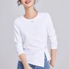 Crew Neck Front Shoulder Black Women's Spring and Autumn New Thin Irregular Split Hem Top Long Sleeve Women