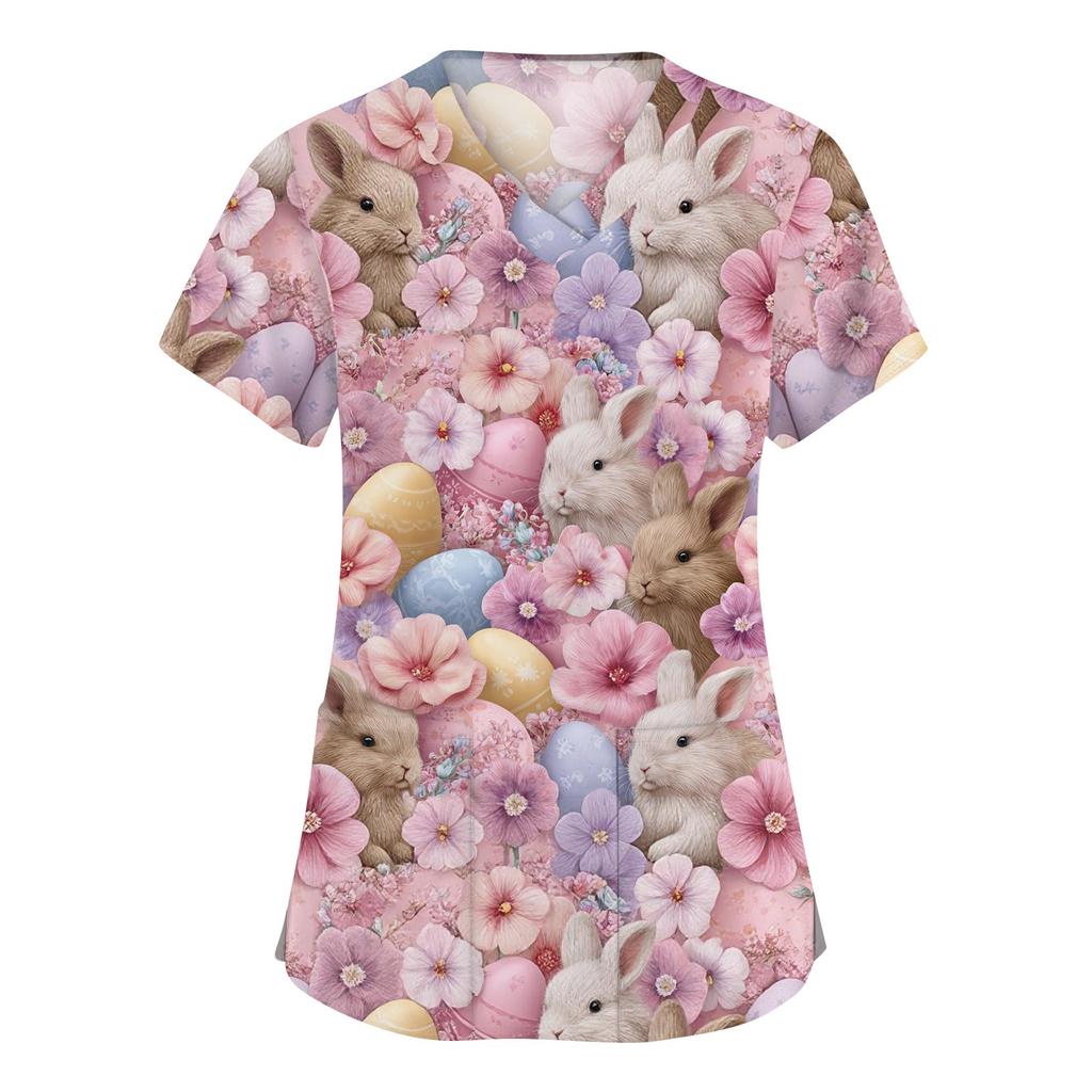 Women's Fashion V-neck Short Sleeve Workwear With Pockets Printed Tops