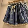 Pantaloncini di Jeans con Fiocco Ricamato Dolci Donna Estate Cuciture in Pizzo Pantaloni Larghi