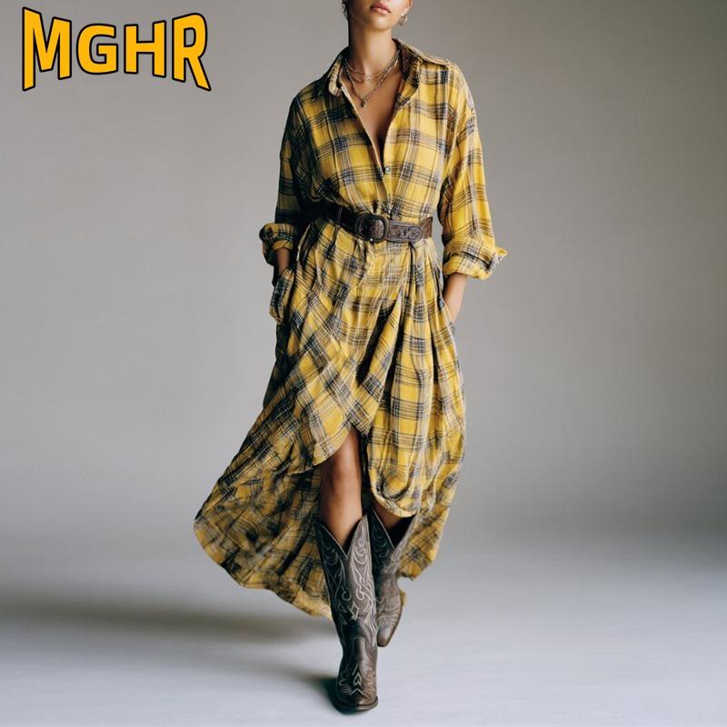 MGHR Kadın Moda Sonbahar Kış POLO Yaka Uzun Kollu Günlük Elbiseler