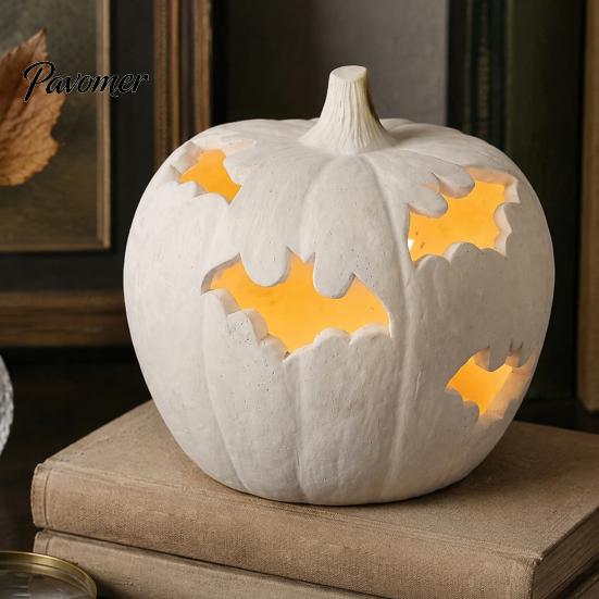 Unique Halloween Party Favors Pumpkin Resin Figurine, Bat Hollow Out Lantern with Creepy Fireplace Accents Warm Light, Spooky Indoor Outdoor
