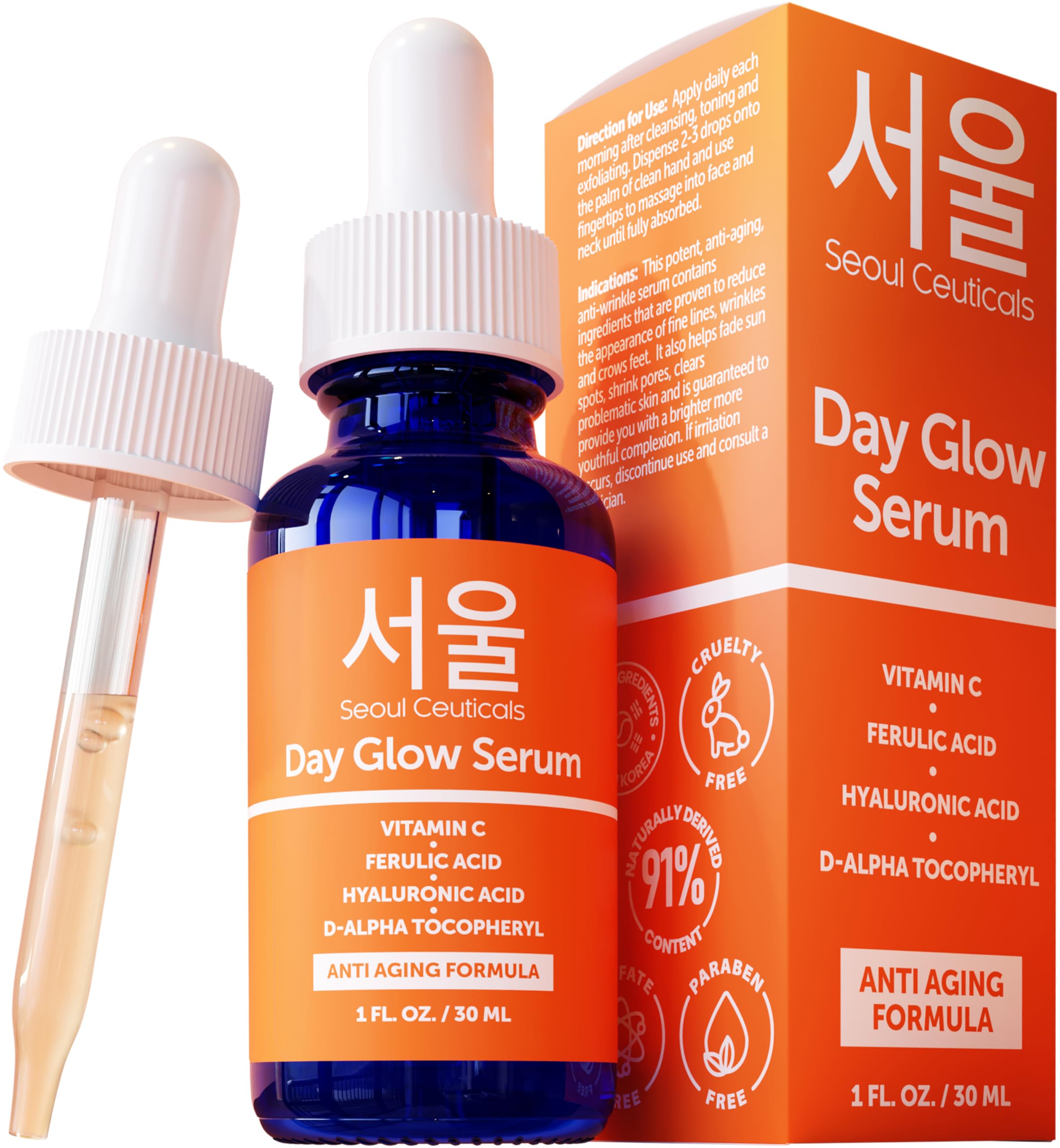 SeoulCeuticals Korean Vitamin C Serum for Glowing Skin - 20% Vitamin C + Hyaluronic Acid + CE Ferulic Acid - Potent Anti-Aging & Anti-Wrinkle Korean