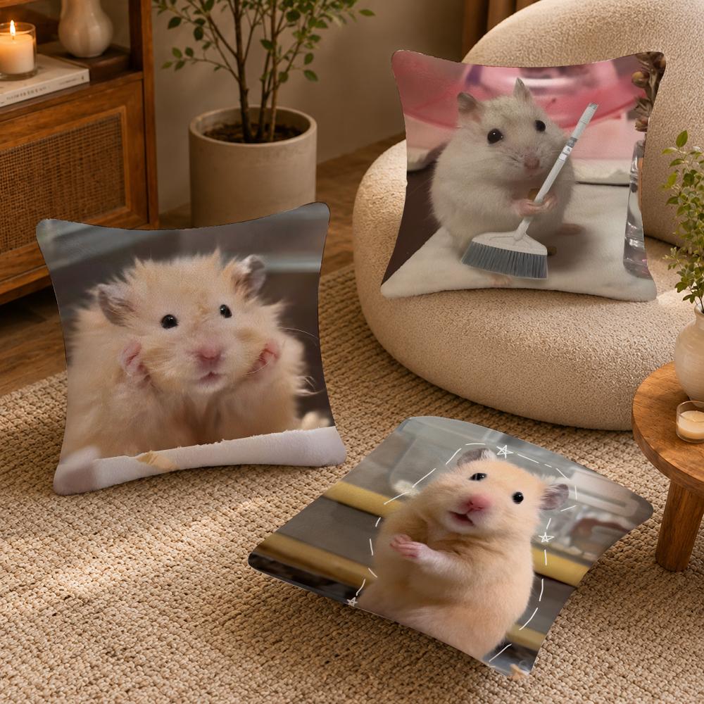 Funny Hamster Meme Cute Cushion Cover Anti-dustmite Pillowcase Invisible Zipper Silky Short Plush Sofa Cushion Cover