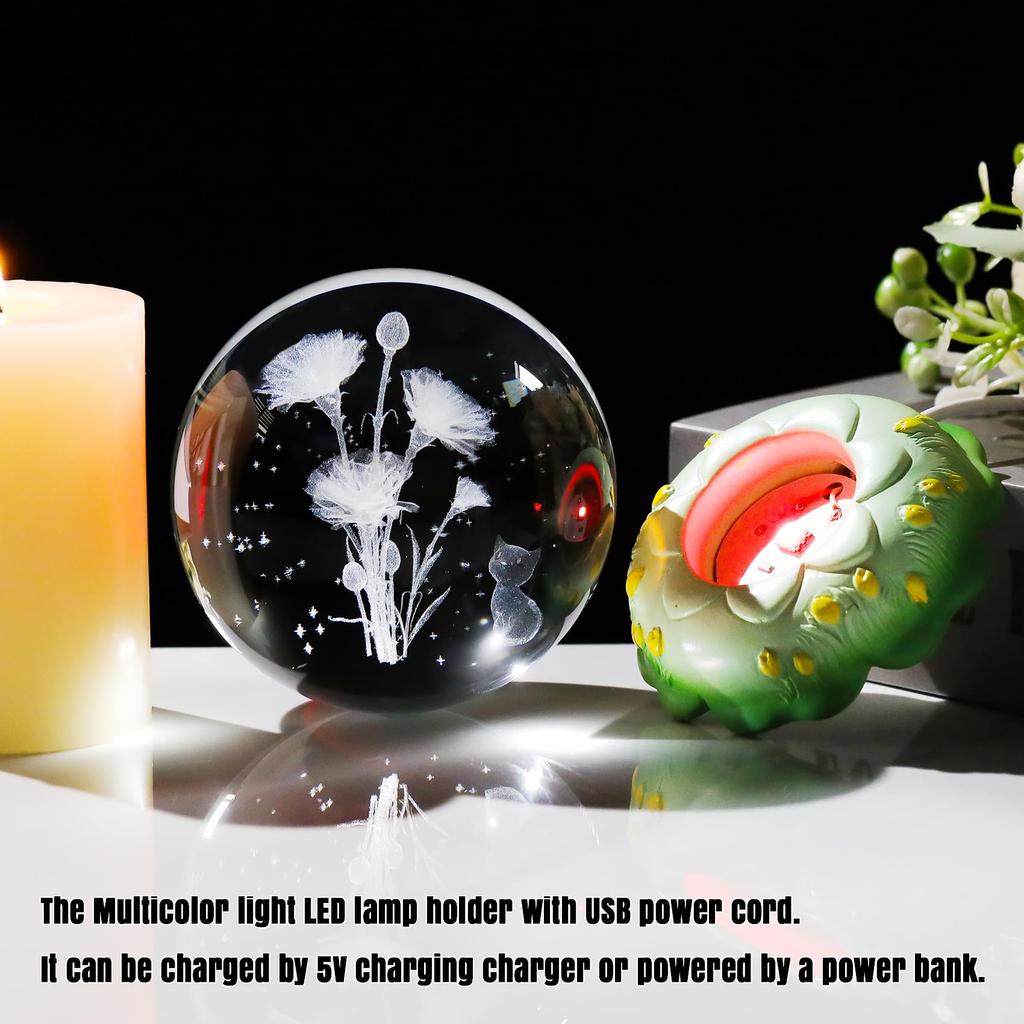K9 Crystal Ball with Cute Cat and Carnation Bouquet, LED Light Base, Birthday Gift for Mom, Gift for Women, Mother's Day Gift