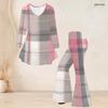 Women Plus Size V Neck Three Quarter Sleeve Plaid Printed Tunic Top Flared Pants Two Piece Set