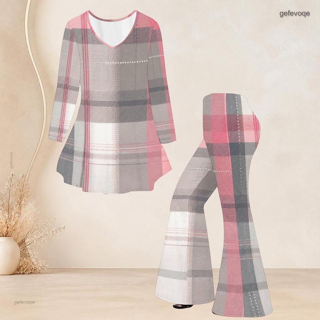 Women Plus Size V Neck Three Quarter Sleeve Plaid Printed Tunic Top Flared Pants Two Piece Set