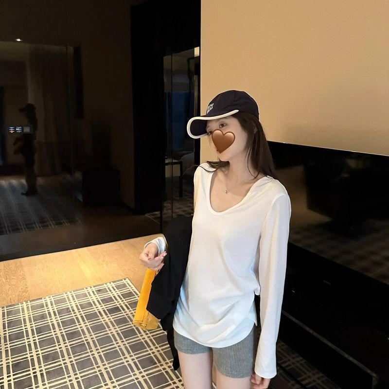 Damen V-Ausschnitt Schlanke Passform Lockeres Design Herbst Unterhemd T-Shirt