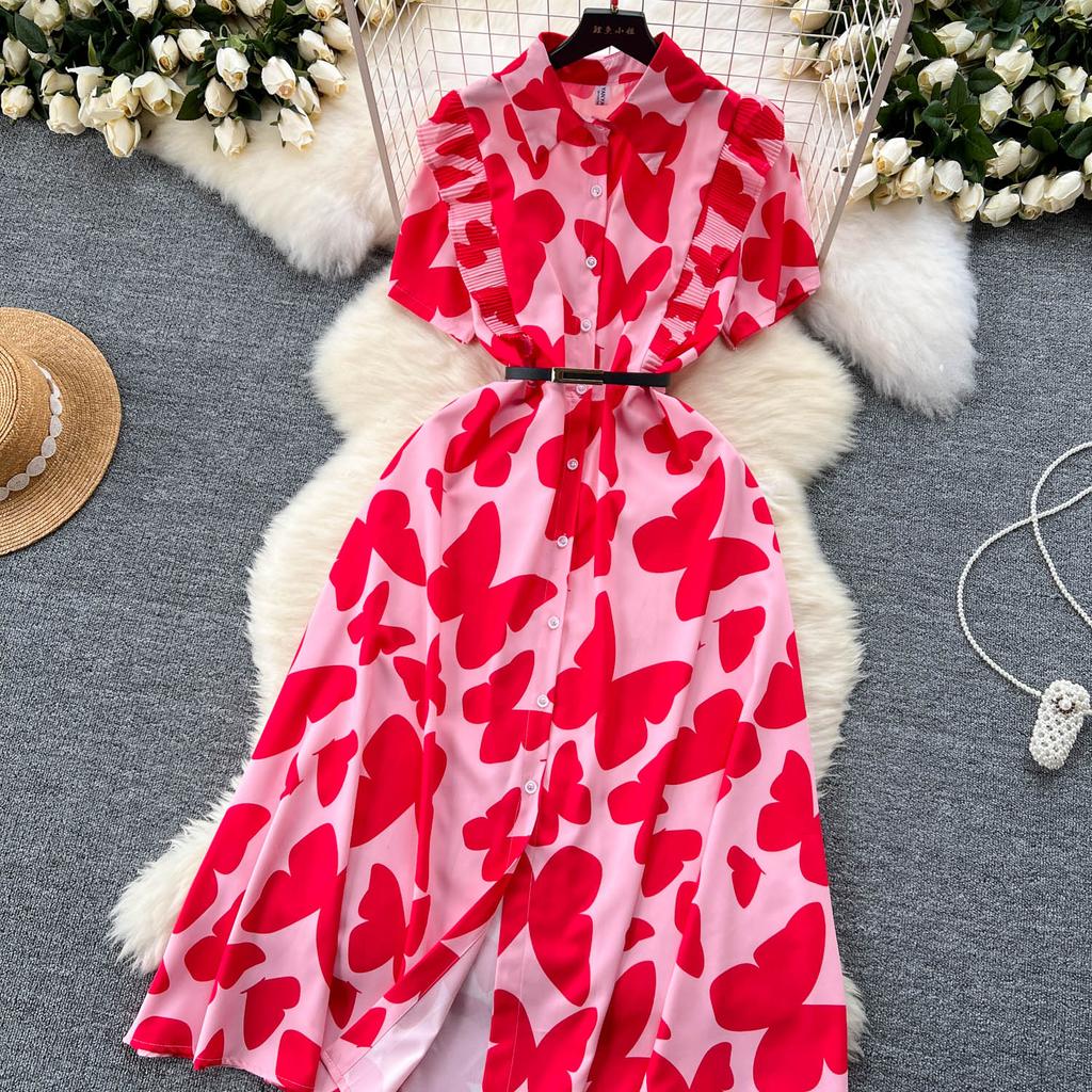 Šik Elegantní Potisk Jedlá Stromová Houba Krátký Rukáv Elegantní Zavinovací Límec Bodycon Šaty Módní Štíhlé Letní Šaty