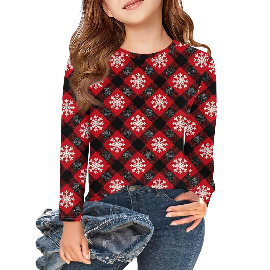 Weihnachtstag Mädchen Langarm T-Shirts Kinder Herbst Oberteile Rundhalsausschnitt Bedruckte Basic T-Shirts