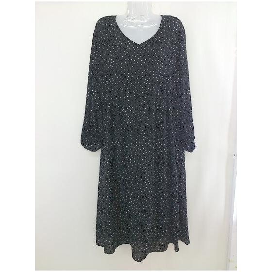 earth music&ecology dot polka dot long sleeve below knee length dress size F black white ladies [Used]