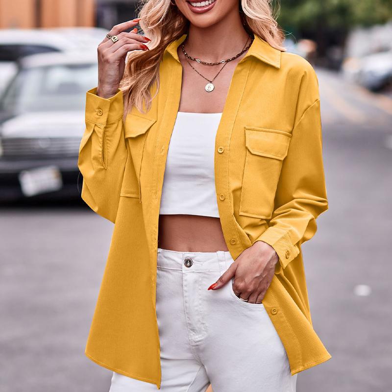 Damen Langarmhemd mit zwei Taschen Übergröße Einfarbig Lässig zum Knöpfen Bluse