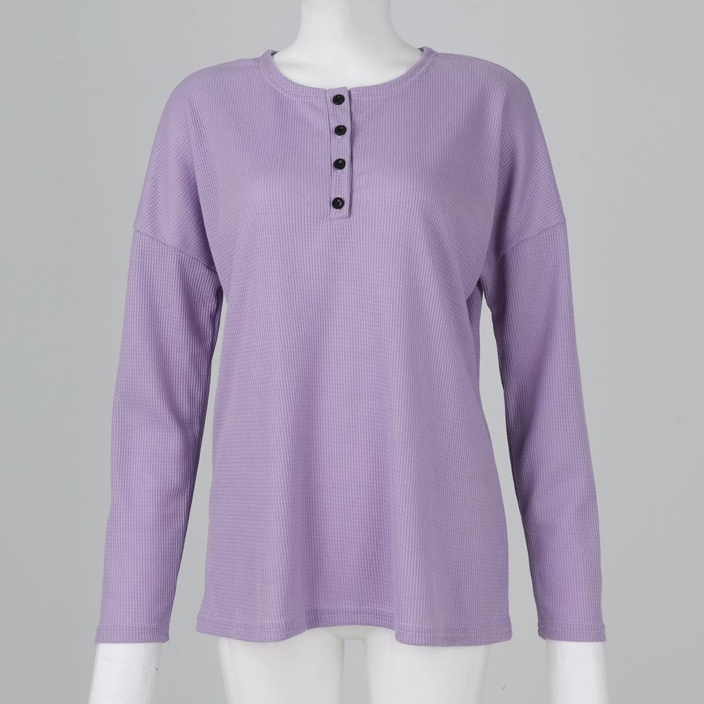 Women's Fashion V-Neck Pullover Button Long Sleeve Solid Color Slim Top