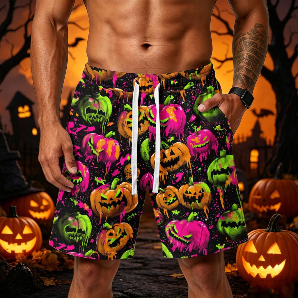 Men Loose Fit Halloween Themed Shorts with Pockets Drawstring Waist Athletic Casual Shorts for Sports and Wear