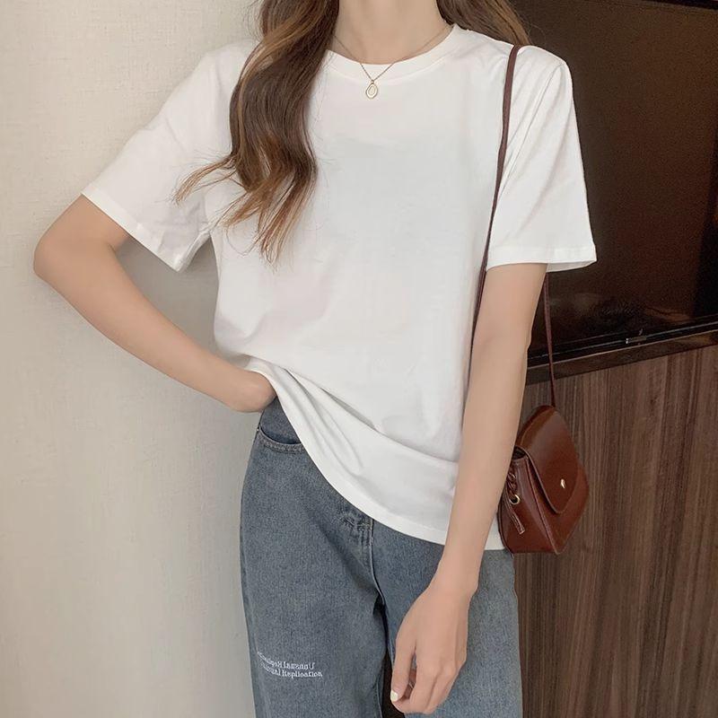 Koreanische Version Einfarbig Retro Kurzarm-T-Shirt für Damen Neu Vielseitig Locker Studenten Slim Casual Oberteil