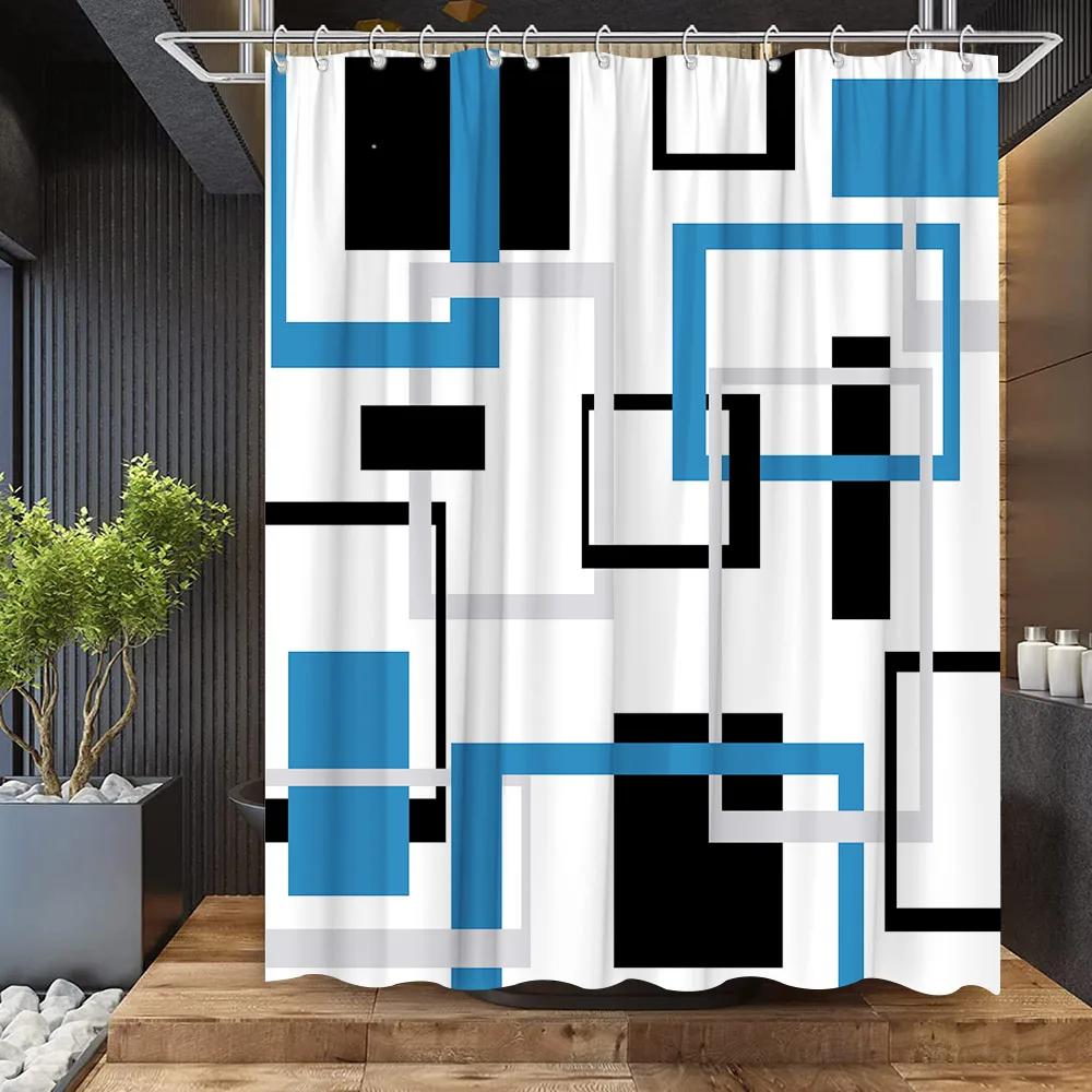 Abstract Geometric Black White Red Shower Curtain 3D Block Square Elegant Frame Modern Decor Fabric Bathroom with Hook Grey