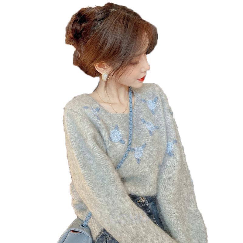 Suéter Feminino 1316: Top de Tricô Bordado Estilo Japonês Outono Inverno 2021