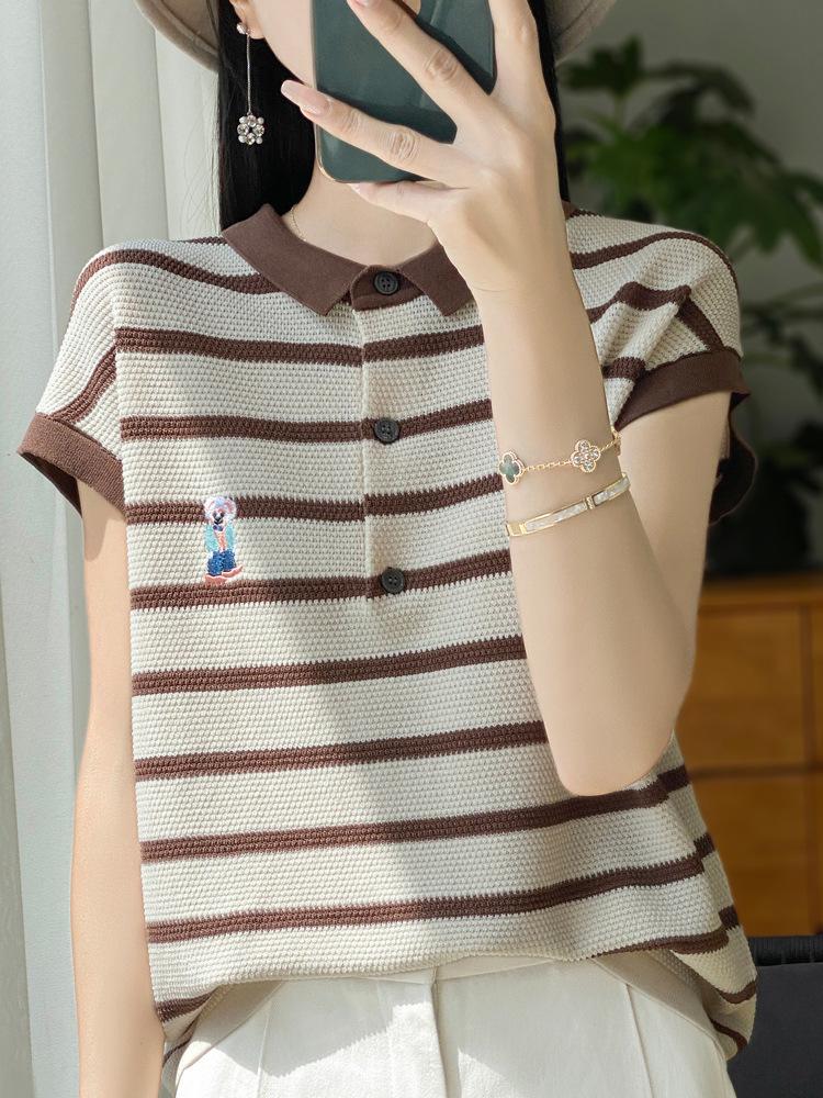 

Women s 2024 Summer Ice Silk Striped Embroidered Polo T-Shirt L 105-120 kg
