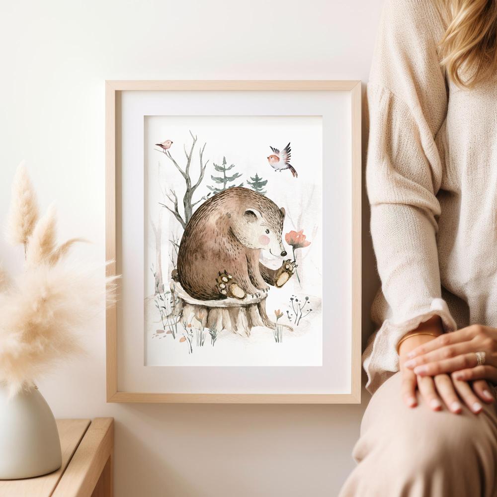 Plakat obrazki dla dziecka leśne zwierzęta miś niedźwiadek