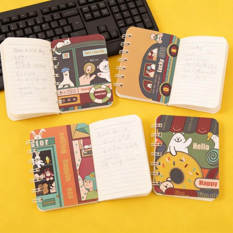 2Pcs Happy Bus Pattern Cartoon A7 Coil Book Pocket Mini Notebook Diary Portable Office Notepad Daily Weekly Planner School Supplies Holiday Gift