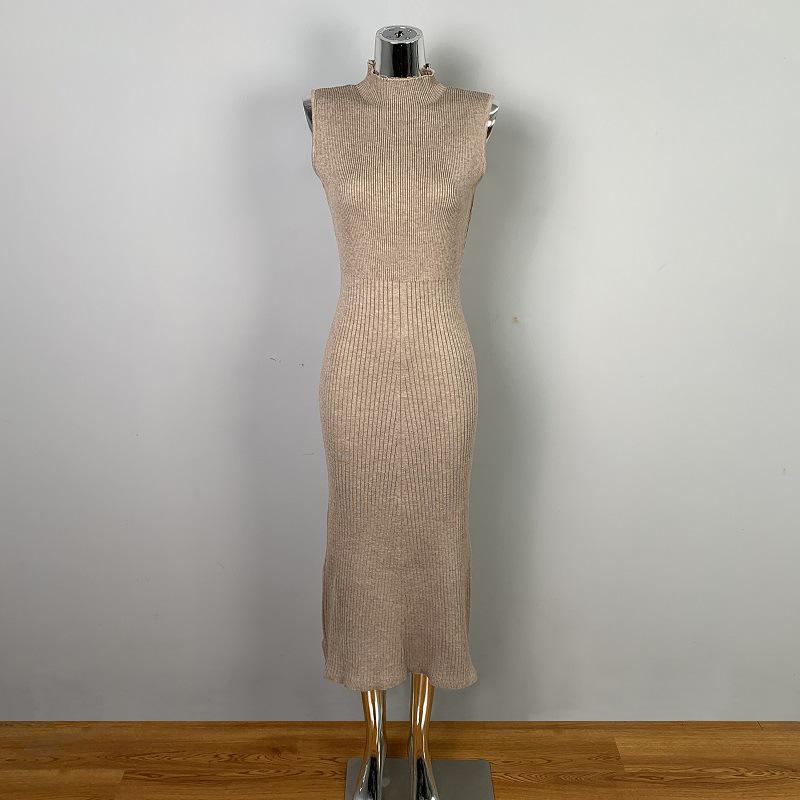 Korean Elegant Sleeveless Knit Dress - Sexy, High Neck, Slim Fit, Solid Color One Size