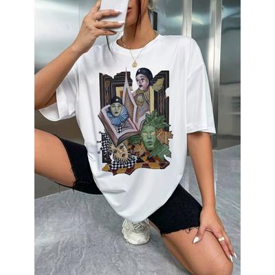 Europäische Größe Surrealistischer Grafikdruck Übergroßes Weißes T-Shirt für Damen - Auffälliges Buntes Design mit Blau
