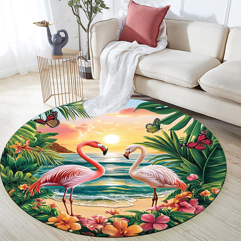 Flamingos Sunset Beach Round Area Rug,Carpet Rug for Living Room Bedroom Sofa Playroom Decor,Non-slip Floor Mat
