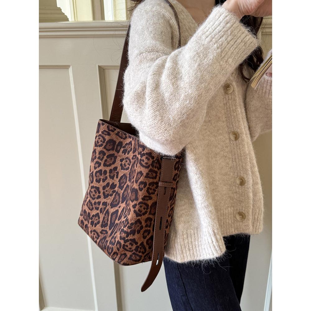 IELGY Ladies Tote Bag Suede Suede Retro Leopard Print Bucket Bag