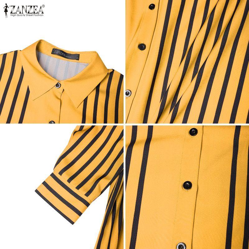 ZANZEA Women Casual Turn Down Collar Long Sleeve Stripe Dress