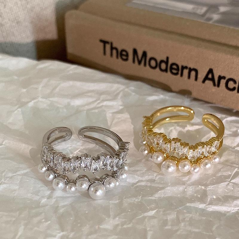 Light Luxury Retro White Zirconia Pearl Double-layered Open Ring Female Exquisite Fashion Versatile Niche Senior Sense of Finger Ring Everyday Ring