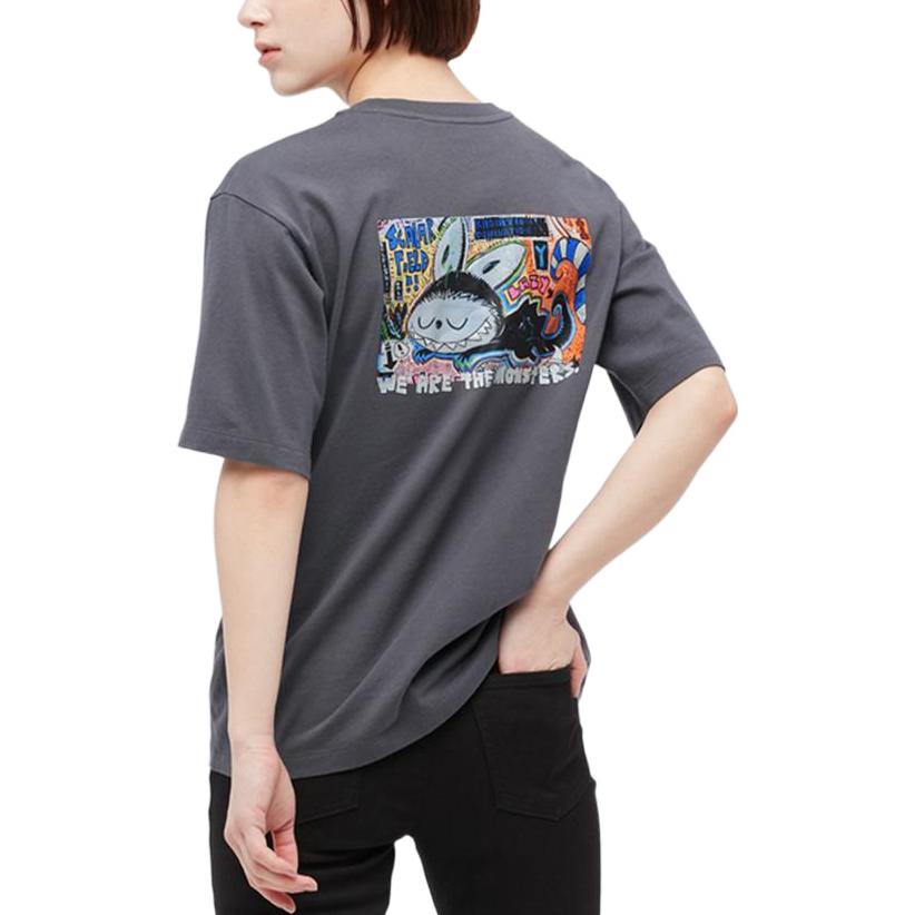 Uniqlo X Pop Mart Cartoon Anime Print Crew Neck T-Shirt Unisex Tops Dark-Gray 449367-08