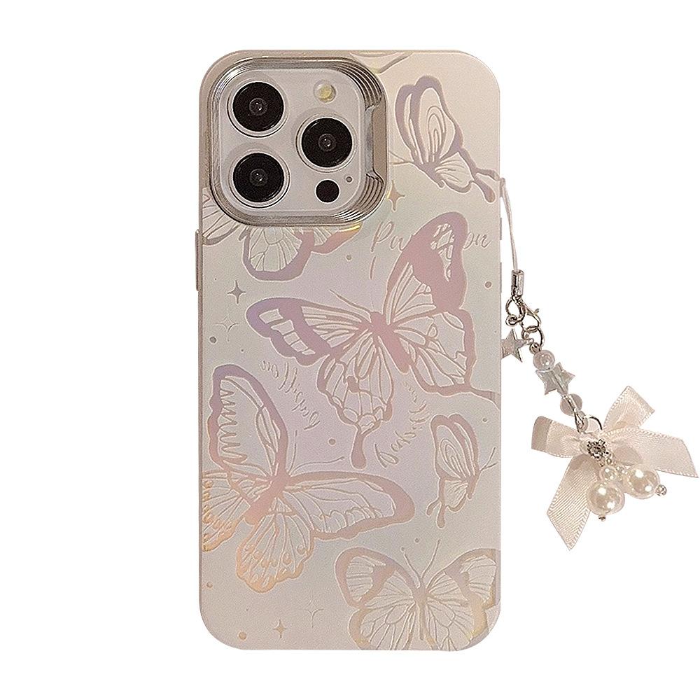 Blue Butterfly with Hanging Chain Suitable for Apple 15Pro Max Mobile Phone Case Iphone13 Laser 14 Super Fairy 16
