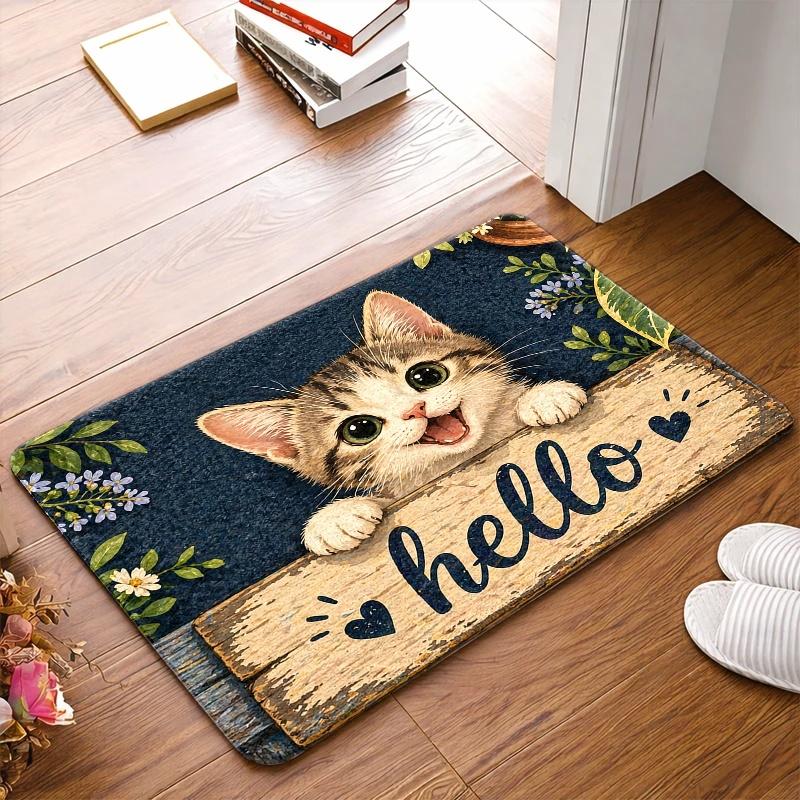 1Pcs Anti Fatigue Kitchen Rugs,  Cute Cat Hello  Print Waterproof Non-Slip Thick Cushioned Kitchen Mat Heavy Duty Comfort Standing Mat for Kitchen