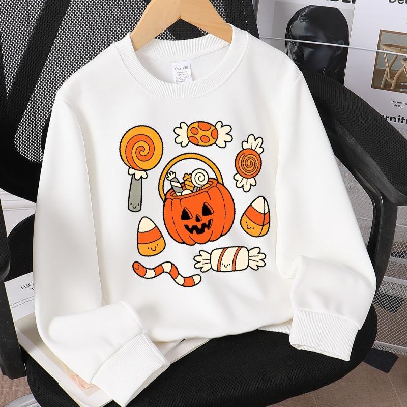 Kids Fall Winter Crew Neck Sweatshirt, Halloween Pumpkin Candy Bucket Print
