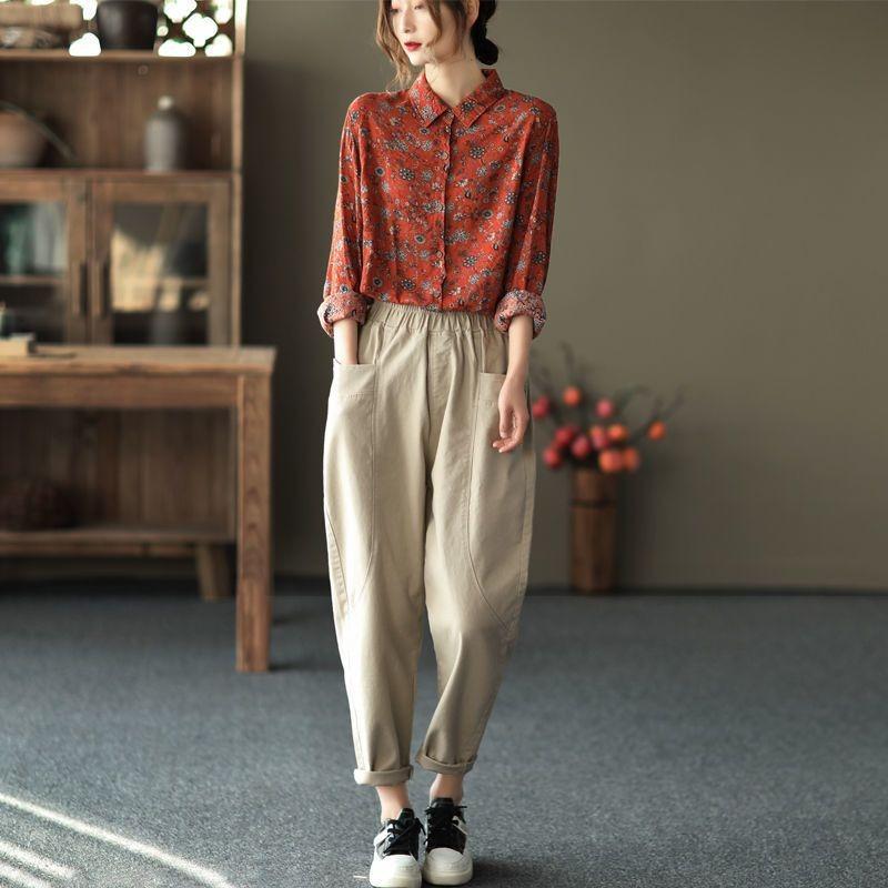 Frühlings- und Herbst-Langarmhemd aus reiner Baumwolle mit Vintage-Kunst-Blumenmuster für Damen, lässig, vielseitig, lockeres Baumwoll-Hanf-Oberteil