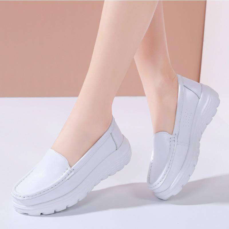 Women Genuine Leather Flat Shoes Casual White Wedge Heel Soft Sole Non Slip Caring Comfortable Mother Nurse Work Shoes