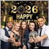 Black and Gold New Years Eve Party 2026 Banner, Large Happy New Year 2026 Banner, NYE Celebration Party Decoration for Friends, Family, Fireplaces,