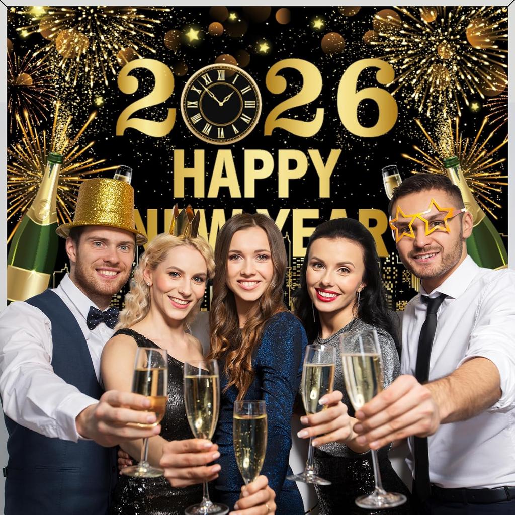 Black and Gold New Years Eve Party 2026 Banner, Large Happy New Year 2026 Banner, NYE Celebration Party Decoration for Friends, Family, Fireplaces,