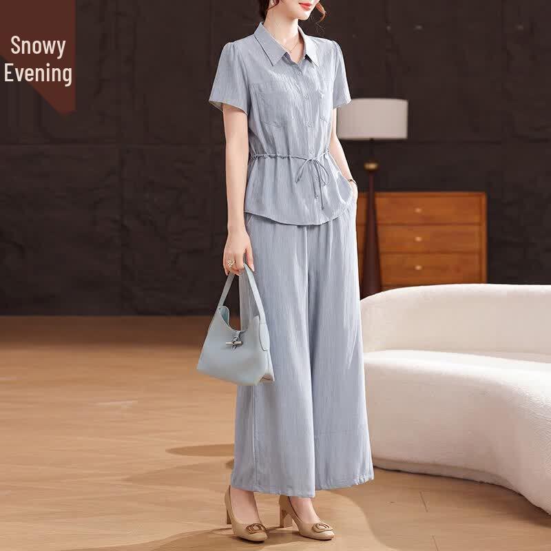 XUEXI Women s Elegant Short-Sleeve Shirt and Pants Set 3XL