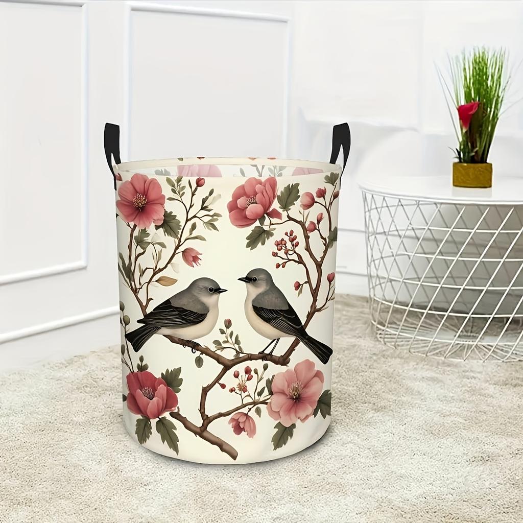 1pc, Vintage Bird And Floral Pattern Round Laundry Basket Storage Basket for Clothes And Miscellaneous Items Organizer for Bathroom And Room Use Conve