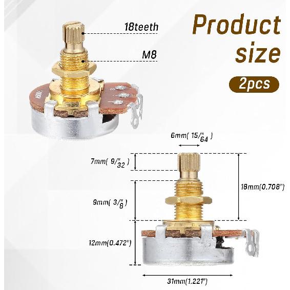 2 Pack Full Size Metric Guitar Bass Pots, 500k Potentiometer Brass Shaft Audio Taper Potentiometers, Guitar Potentiometer for Volume and Tone Short
