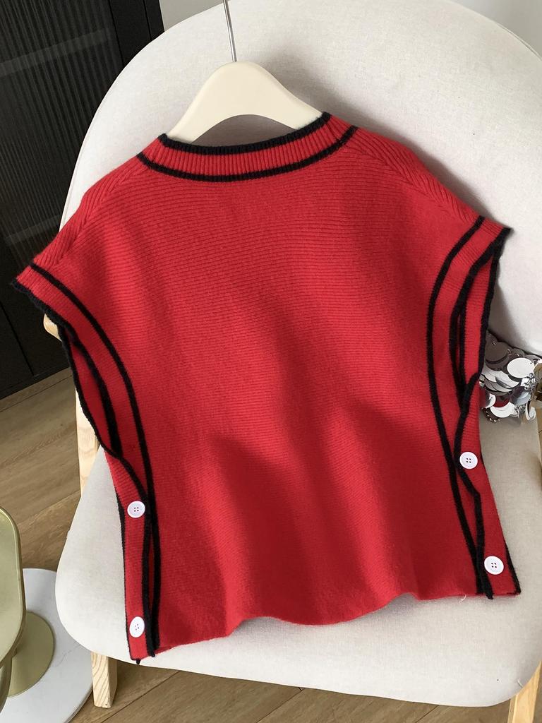 European & American V-neck Color Block Fleece Knit Vest - Autumn Loose Fit