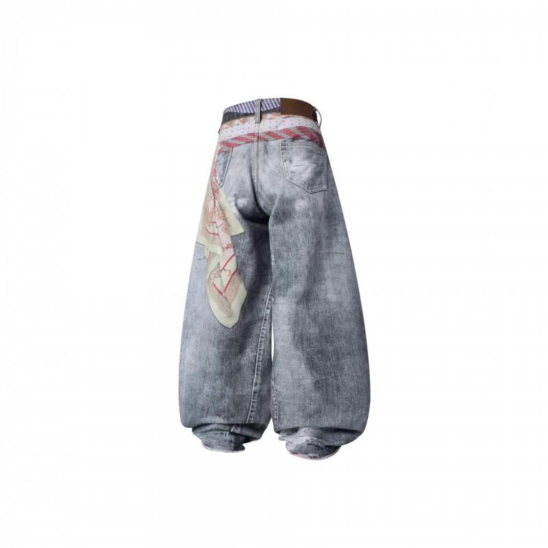 Vintage Tie Print Wide Leg Jeans Retro Loose Straight Pants Teens
