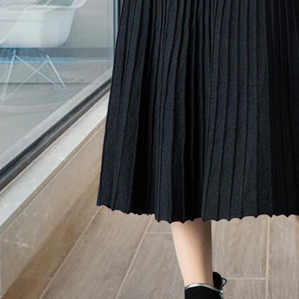 Women Pleated Skirt Elastic High Waist A-Line Midi Solid Color Mid-calf Length Skirt Thickened Commuting Style Skirt