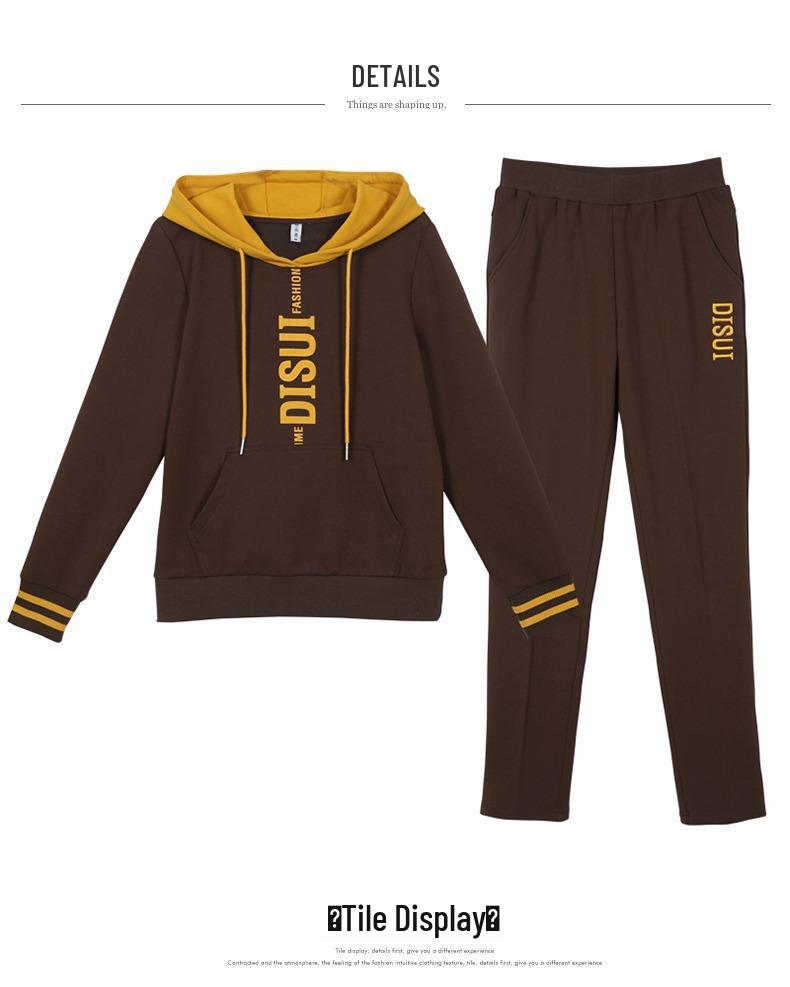 Γυναικείο Φθινοπωρινό Σετ Φούτερ και Παντελόνι με Αντίθετο Χρώμα και Γράμματα - Άνετη Γραμμή, Μεγάλα Μεγέθη