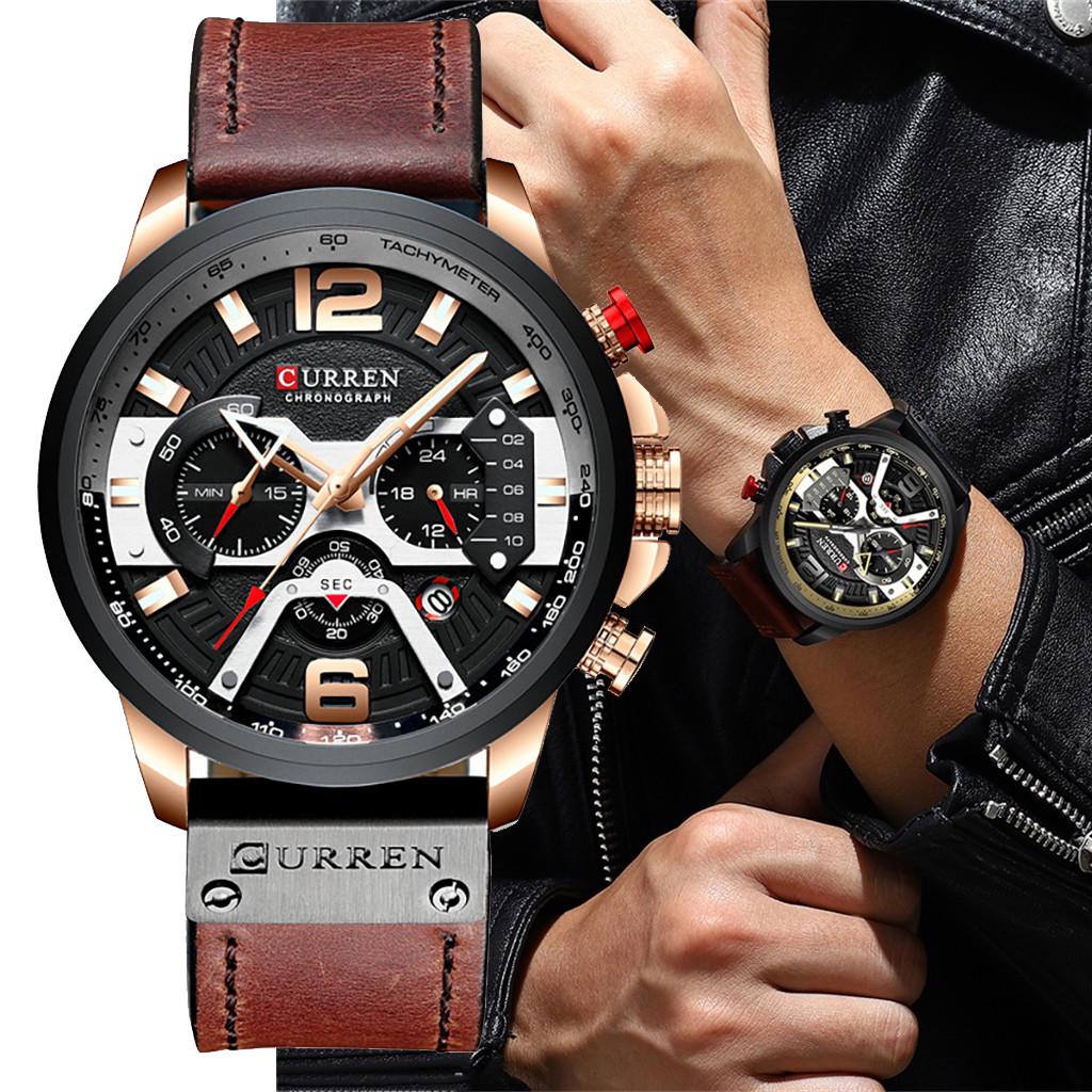 CURREN Men's Business Leather Strap Watch Waterproof Quartz Chronograph Date Display Three Sub-Dials Six Hands Casual Wristwatch