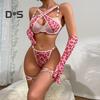 1 Set Women Underwear Set Includes Gloves And Thigh Rings Chain Decor Heart Print G-string Hollow Out Adjustable Cross Strap Bedroom Wedding Night
