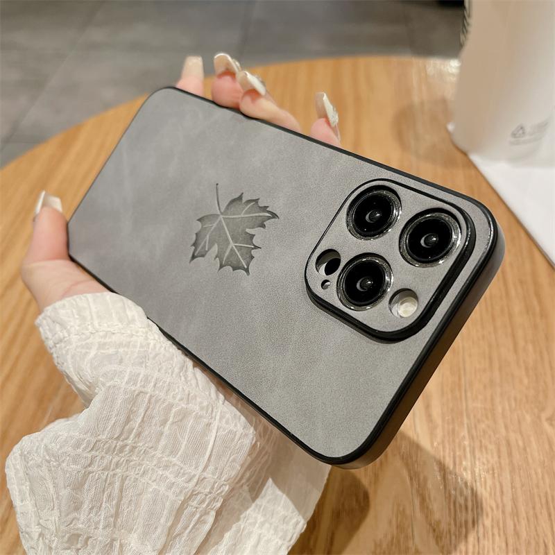 Luxury Matte Soft Suede Leather Maple Leaf Pattern Case For iPhone 15 14 Plus 13 11 12 Pro X XS Max XR Shockproof Silicone Cover