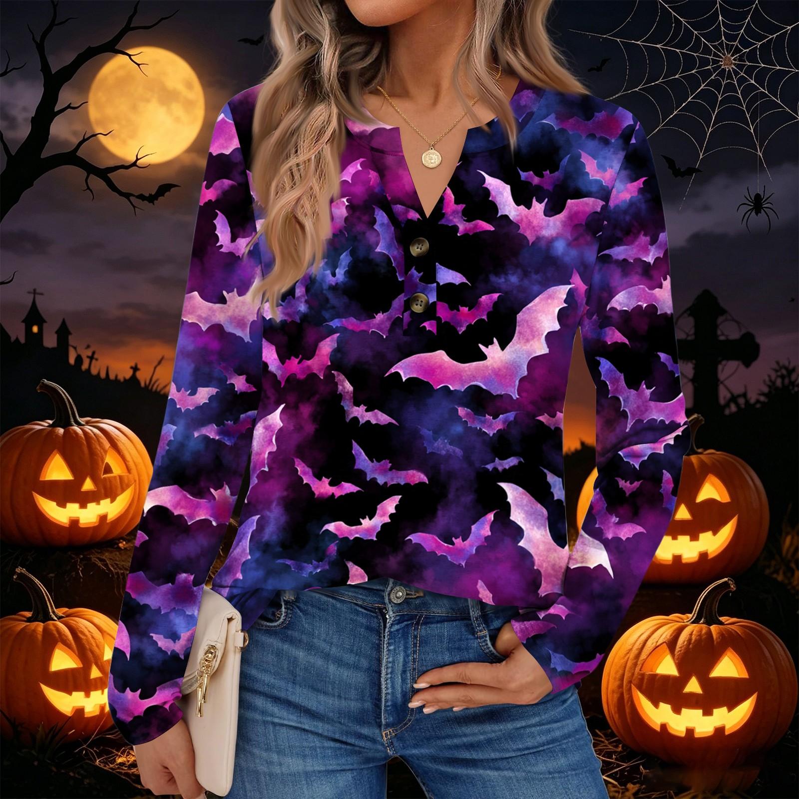 Women s Halloween Print Long Sleeve Shirt Casual Blouse S