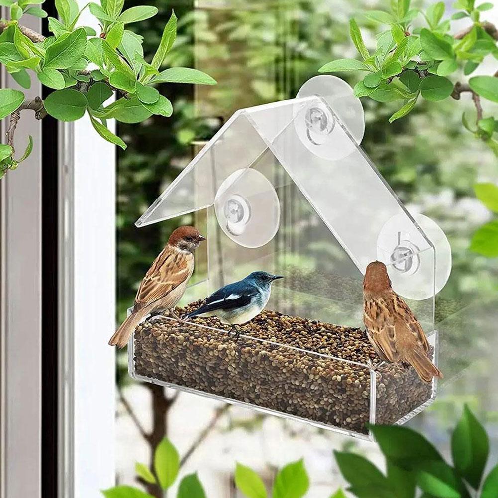 Acrylic Bird Feeder Clear Window Outside Hanging Bird Feeder House with Suction Cup for Garden Outdoor Backyard Wildlife Birding
