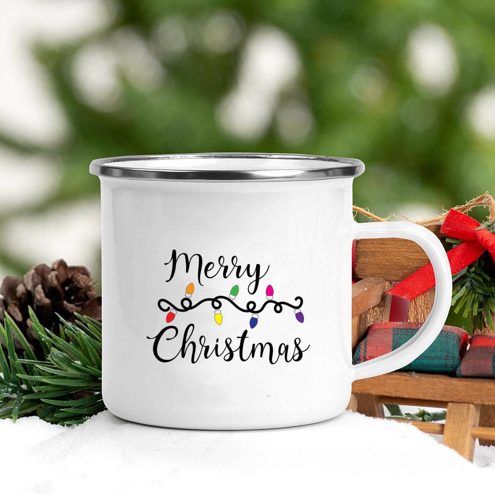 Santa Snowman Print Coffee Mugs Enamel Hot Cocoa Chocolate Cup Kids Breakfast Milk Oatmeal Cups Handle Xmas Decor Holiday Gifts